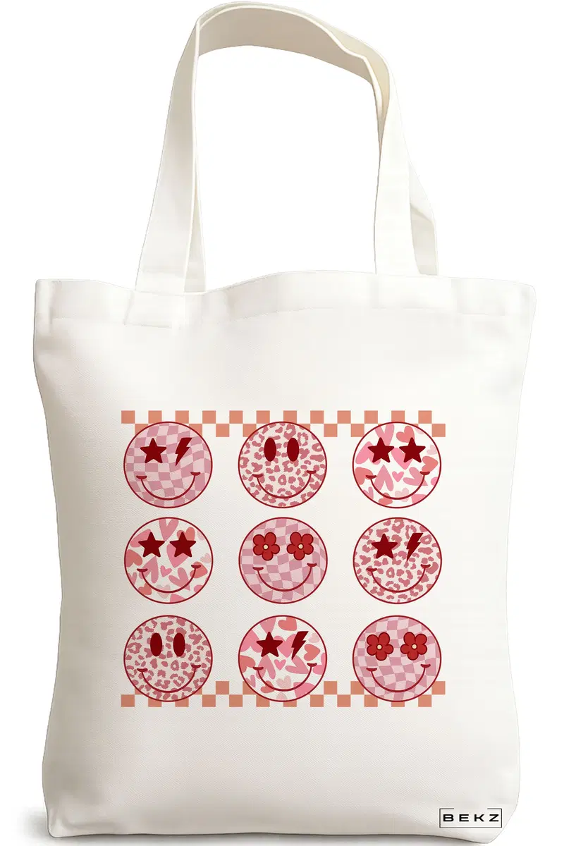 Sacosa Cumparaturi Textila, Geanta Tote, model Rose Smilies, 38x34.5 cm, Alba, BEKZ®