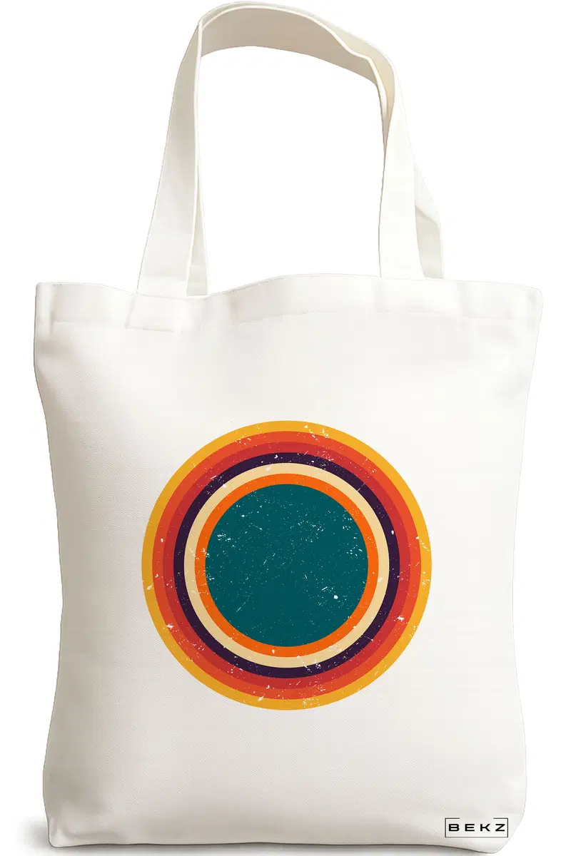 Sacosa Cumparaturi Textila, Geanta Tote, model Retro Concentric Circles, 38x34.5 cm, Alba, BEKZ®