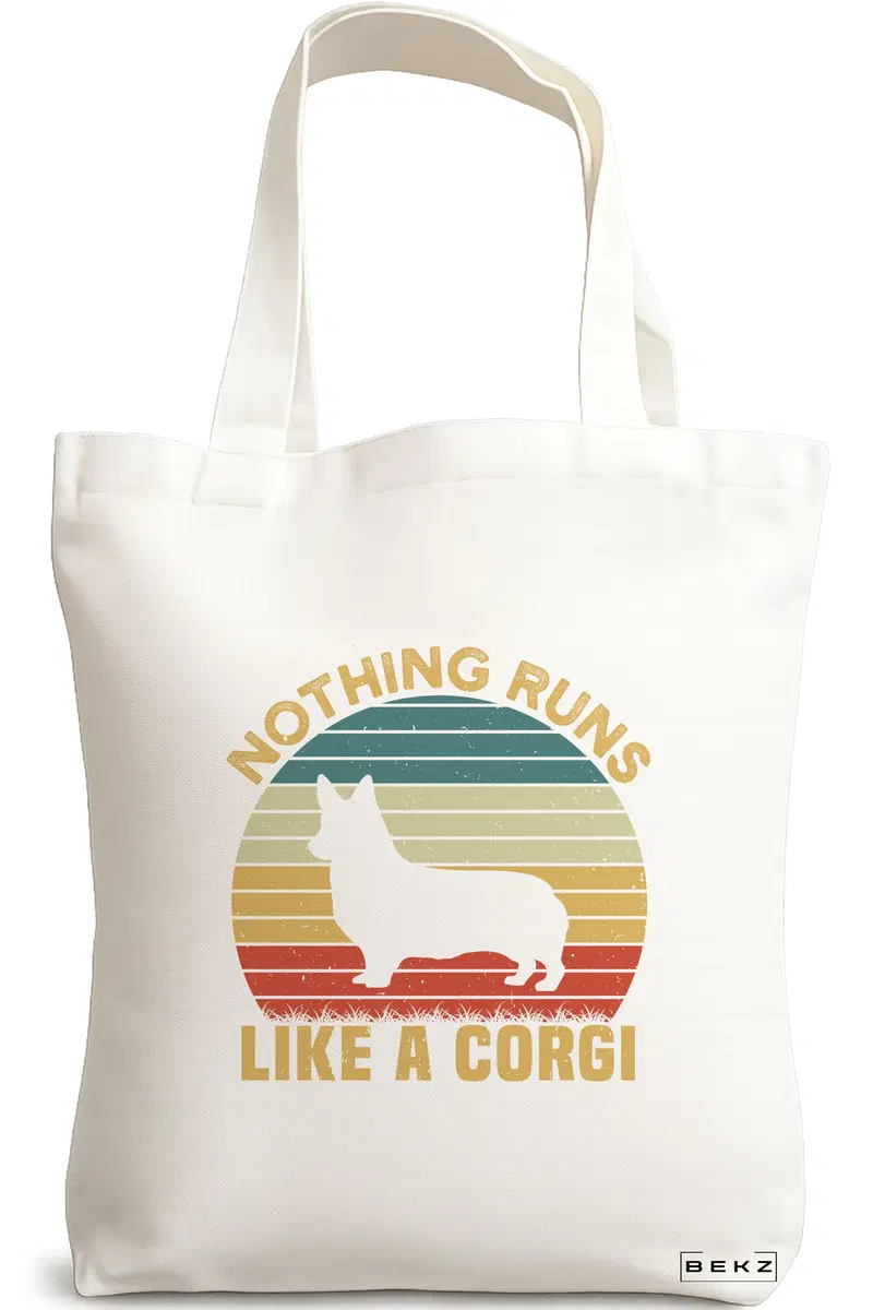 Sacosa Cumparaturi Textila, Geanta Tote, model Nothing runs like a corgi, 38x34.5 cm, Alba, BEKZ®