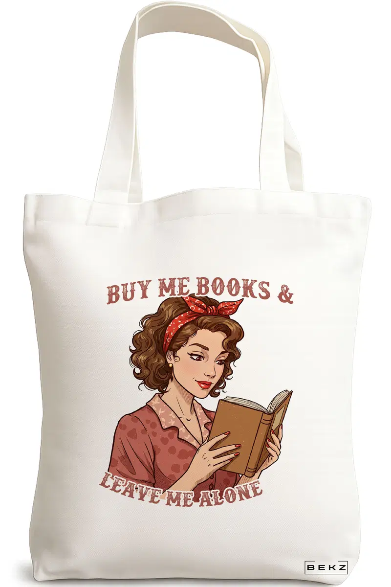 Sacosa Cumparaturi Textila, Geanta Tote, model Buy me Books & Leave me Alone, 38x34.5 cm, Alba, BEKZ®