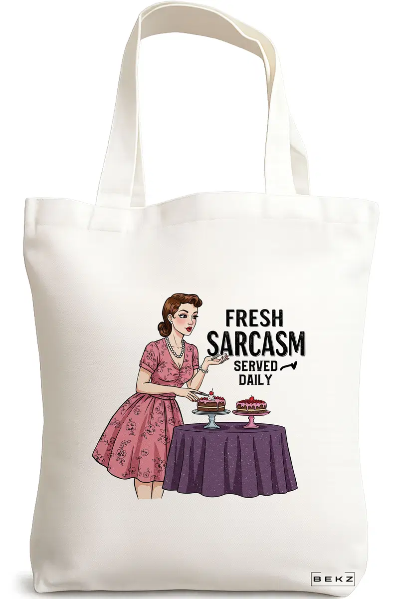 Sacosa Cumparaturi Textila, Geanta Tote, model Fresh sarcas, Served Daily, 38x34.5 cm, Alba, BEKZ®