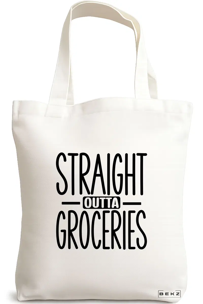 Sacosa Cumparaturi Textila, Geanta Tote, model Straight Outta Groceries, 38x34.5 cm, Alba, BEKZ®