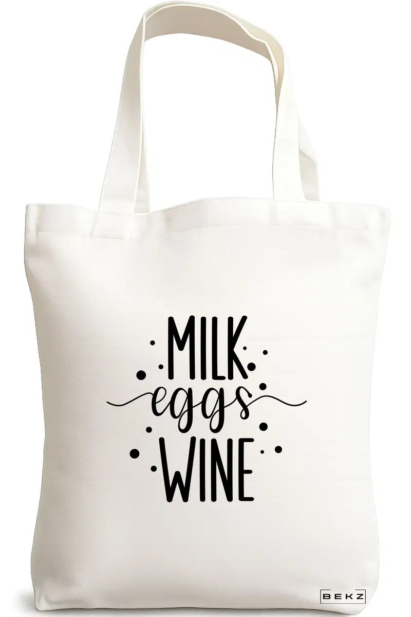 Sacosa Cumparaturi Textila, Geanta Tote, model Milk eggs wine, 38x34.5 cm, Alba, BEKZ®