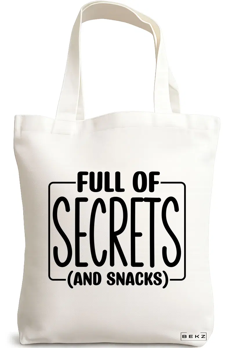 Sacosa Cumparaturi Textila, Geanta Tote, model Full of secrects and snacks, 38x34.5 cm, Alba, BEKZ®