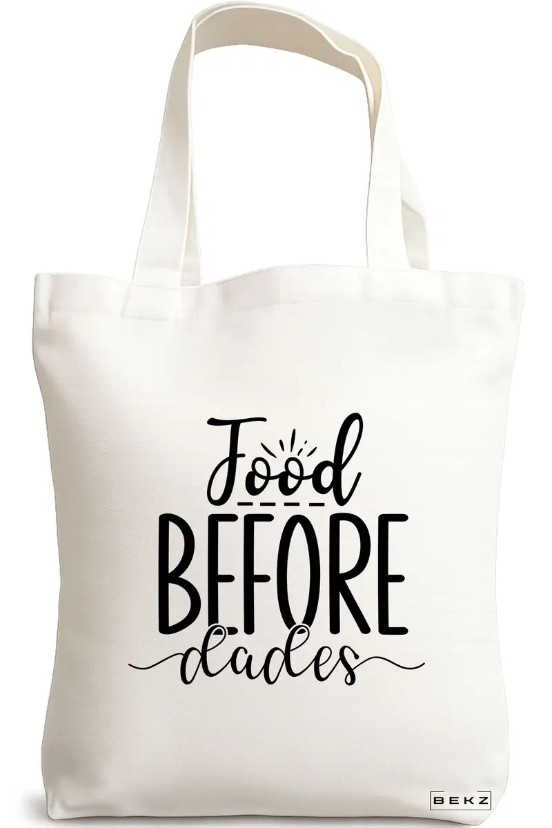Sacosa Cumparaturi Textila, Geanta Tote, model Food before dudes, 38x34.5 cm, Alba, BEKZ®