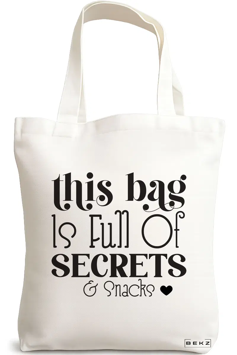 Sacosa Cumparaturi Textila, Geanta Tote, model Full of secrects and snacks 2, 38x34.5 cm, Alba, BEKZ®