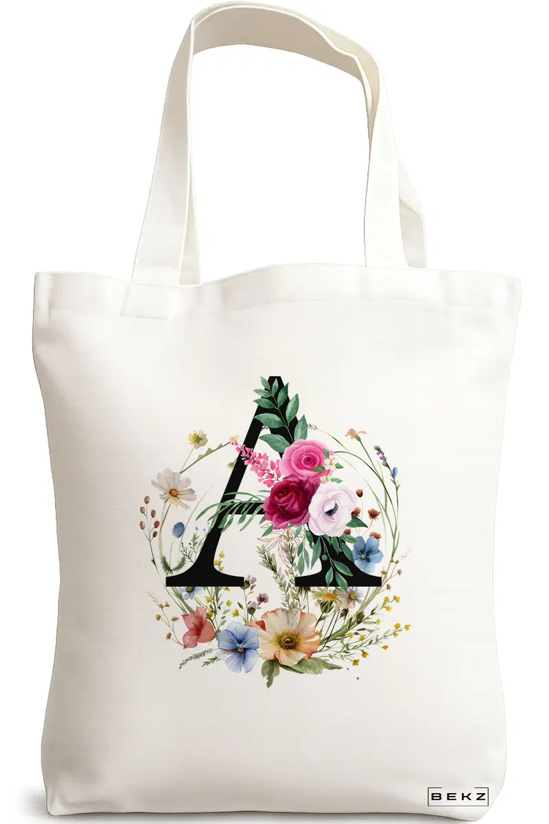 Sacosa Cumparaturi Textila, Geanta Tote, Cu litera A in Coronita Florala, 38x34.5 cm, Alba, BEKZ®