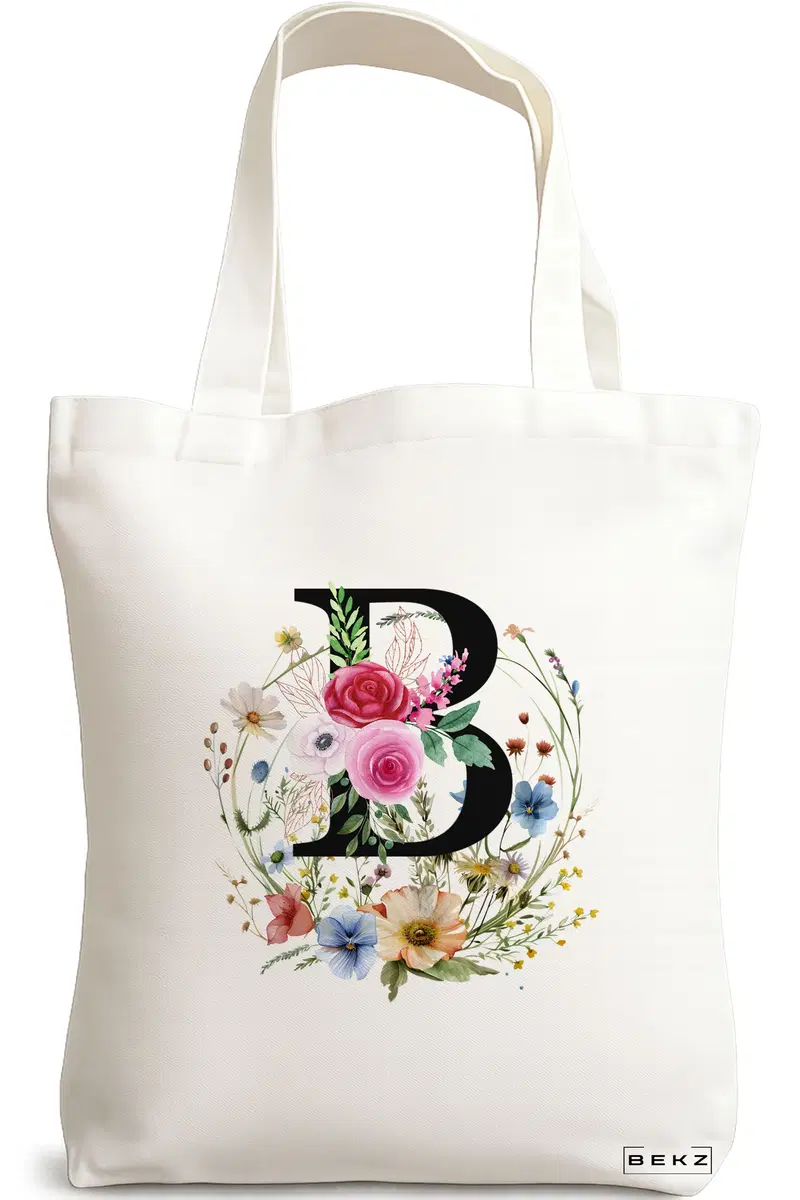 Sacosa Cumparaturi Textila, Geanta Tote, Cu litera B in Coronita Florala, 38x34.5 cm, Alba, BEKZ®