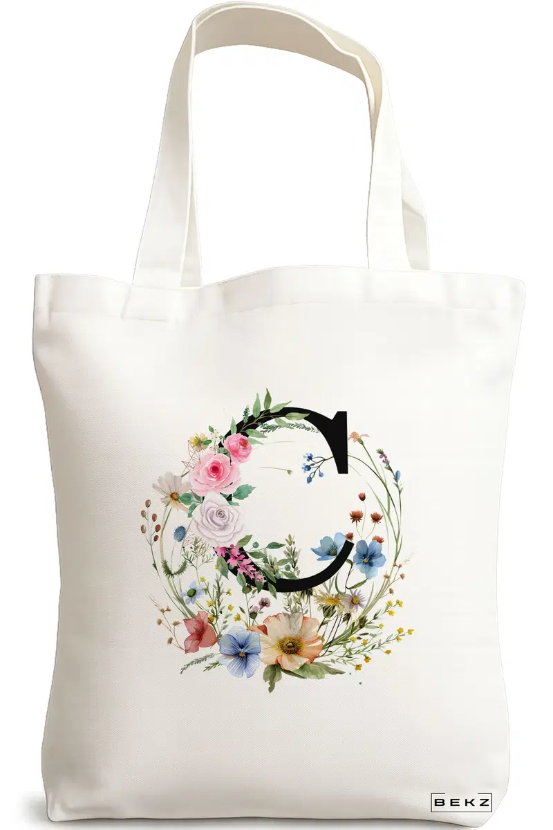 Sacosa Cumparaturi Textila, Geanta Tote, Cu litera C in Coronita Florala, 38x34.5 cm, Alba, BEKZ®