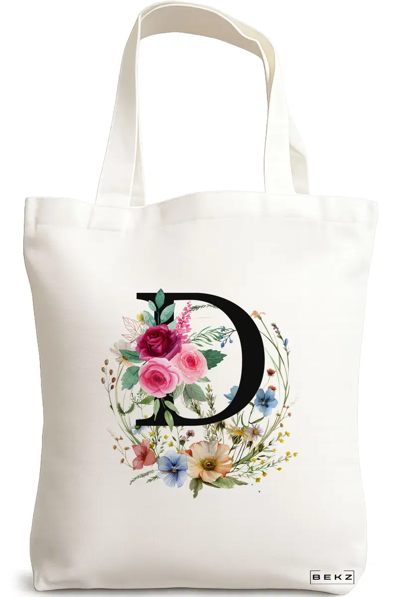 Sacosa Cumparaturi Textila, Geanta Tote, Cu litera D in Coronita Florala, 38x34.5 cm, Alba, BEKZ®