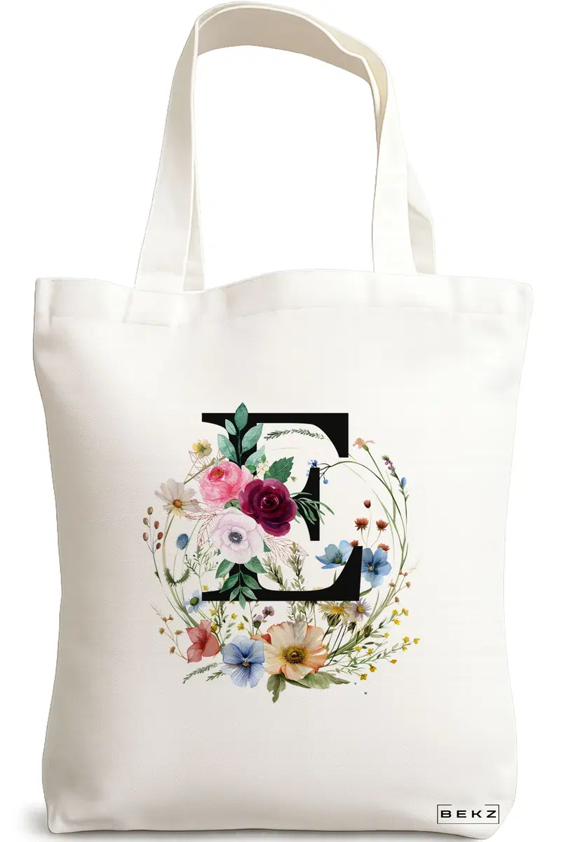 Sacosa Cumparaturi Textila, Geanta Tote, Cu litera E in Coronita Florala, 38x34.5 cm, Alba, BEKZ®