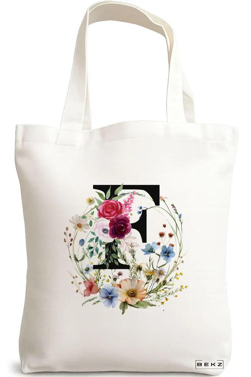 Sacosa Cumparaturi Textila, Geanta Tote, Cu litera F in Coronita Florala, 38x34.5 cm, Alba, BEKZ®