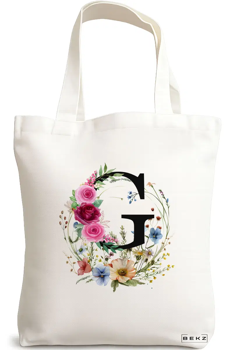 Sacosa Cumparaturi Textila, Geanta Tote, Cu litera G in Coronita Florala, 38x34.5 cm, Alba, BEKZ®