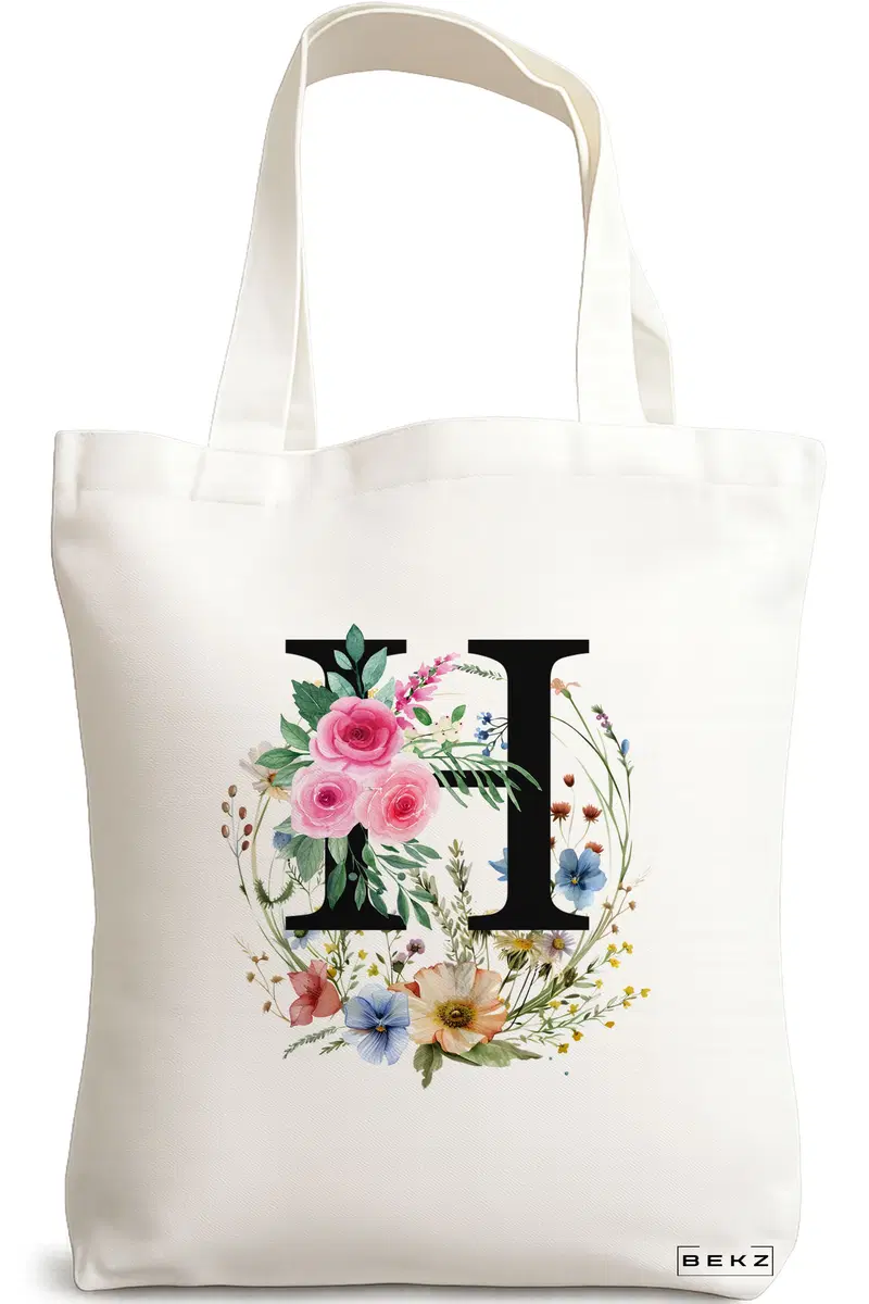 Sacosa Cumparaturi Textila, Geanta Tote, Cu litera H in Coronita Florala, 38x34.5 cm, Alba, BEKZ®