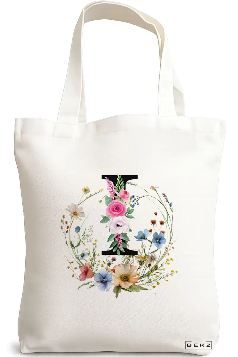 Sacosa Cumparaturi Textila, Geanta Tote, Cu litera I in Coronita Florala, 38x34.5 cm, Alba, BEKZ®
