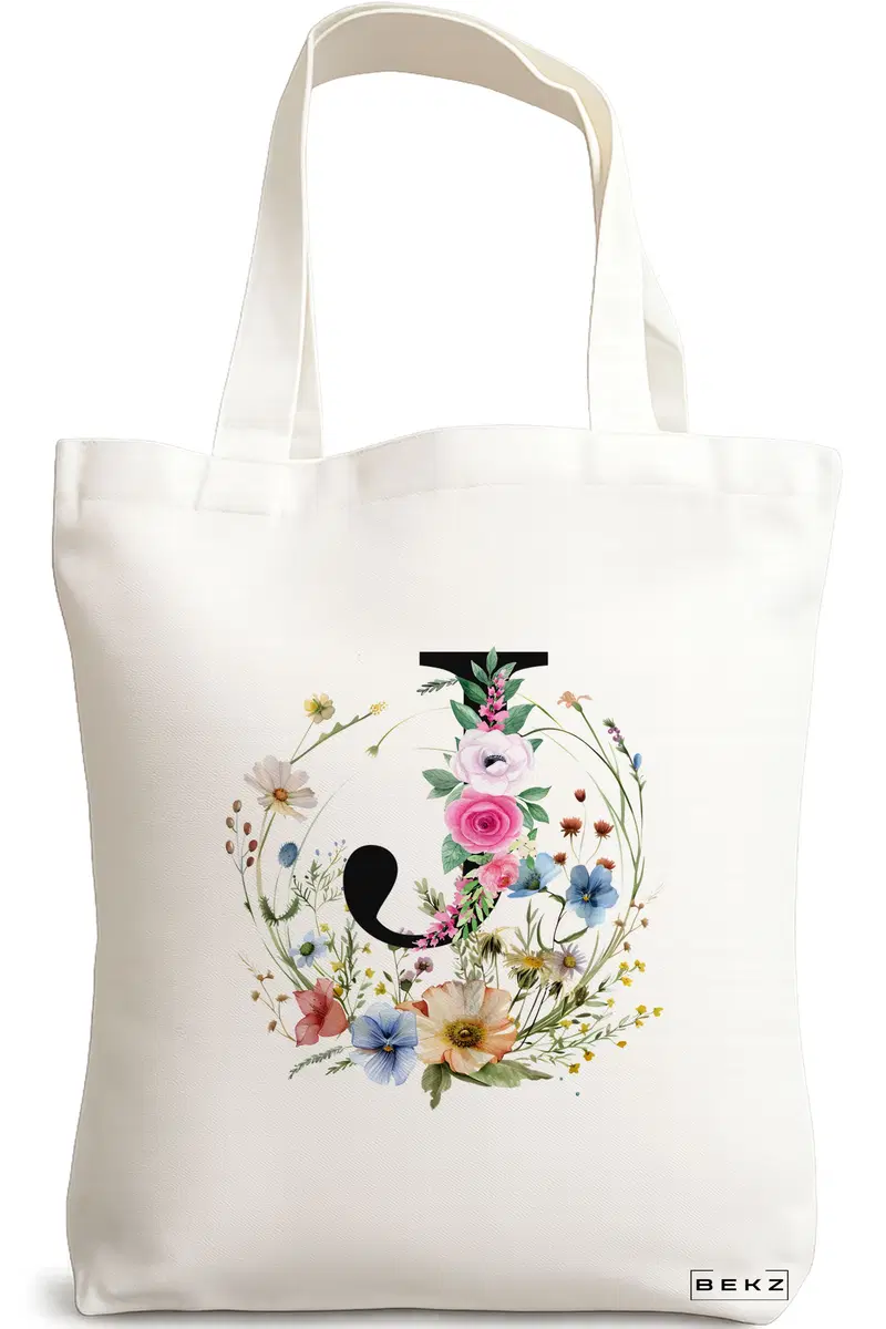 Sacosa Cumparaturi Textila, Geanta Tote, Cu litera J in Coronita Florala, 38x34.5 cm, Alba, BEKZ®