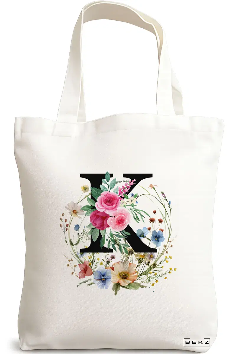 Sacosa Cumparaturi Textila, Geanta Tote, Cu litera K in Coronita Florala, 38x34.5 cm, Alba, BEKZ®
