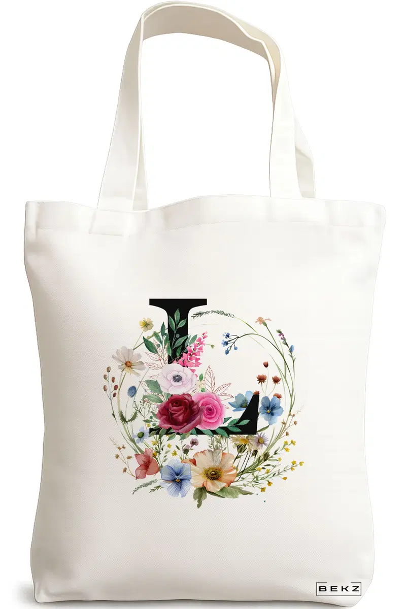 Sacosa Cumparaturi Textila, Geanta Tote, Cu litera L in Coronita Florala, 38x34.5 cm, Alba, BEKZ®