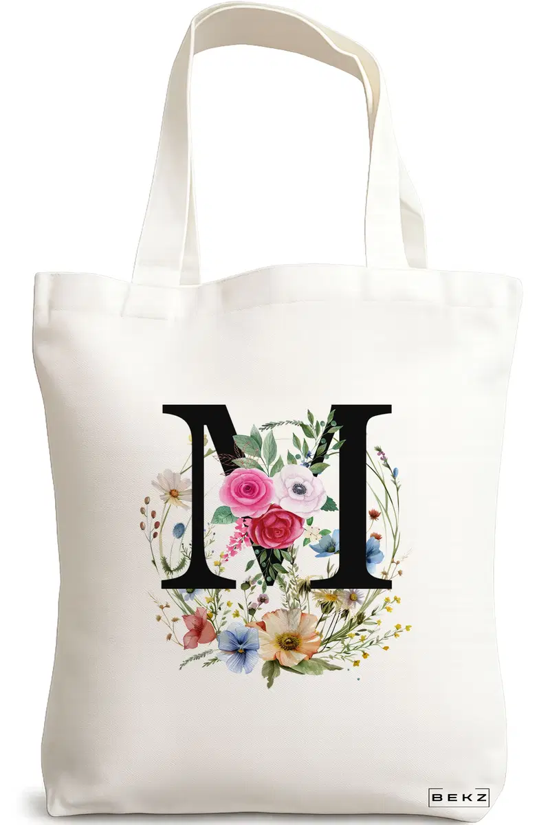 Sacosa Cumparaturi Textila, Geanta Tote, Cu litera M in Coronita Florala, 38x34.5 cm, Alba, BEKZ®