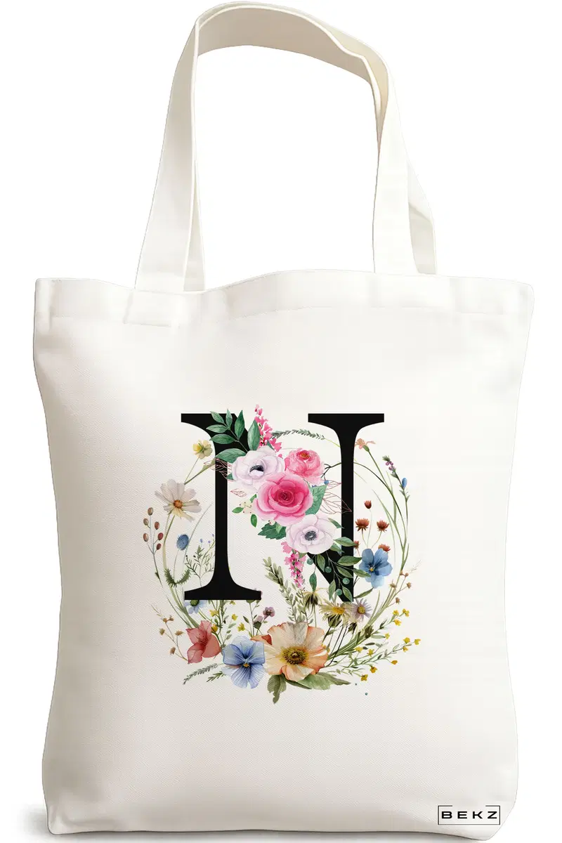 Sacosa Cumparaturi Textila, Geanta Tote, Cu litera N in Coronita Florala, 38x34.5 cm, Alba, BEKZ®