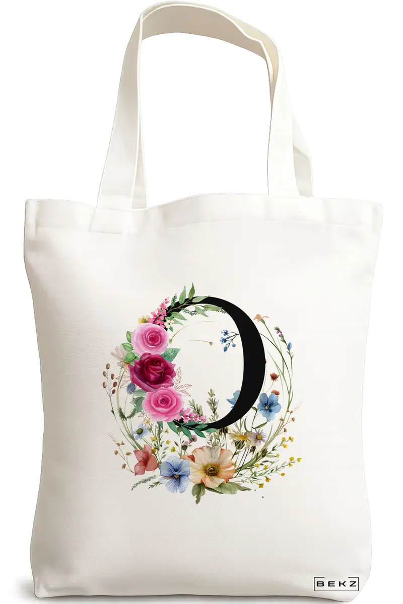 Sacosa Cumparaturi Textila, Geanta Tote, Cu litera O in Coronita Florala, 38x34.5 cm, Alba, BEKZ®