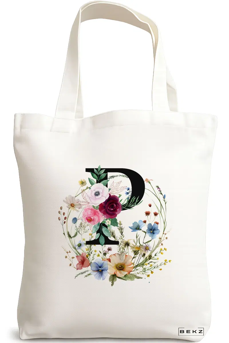 Sacosa Cumparaturi Textila, Geanta Tote, Cu litera P in Coronita Florala, 38x34.5 cm, Alba, BEKZ®