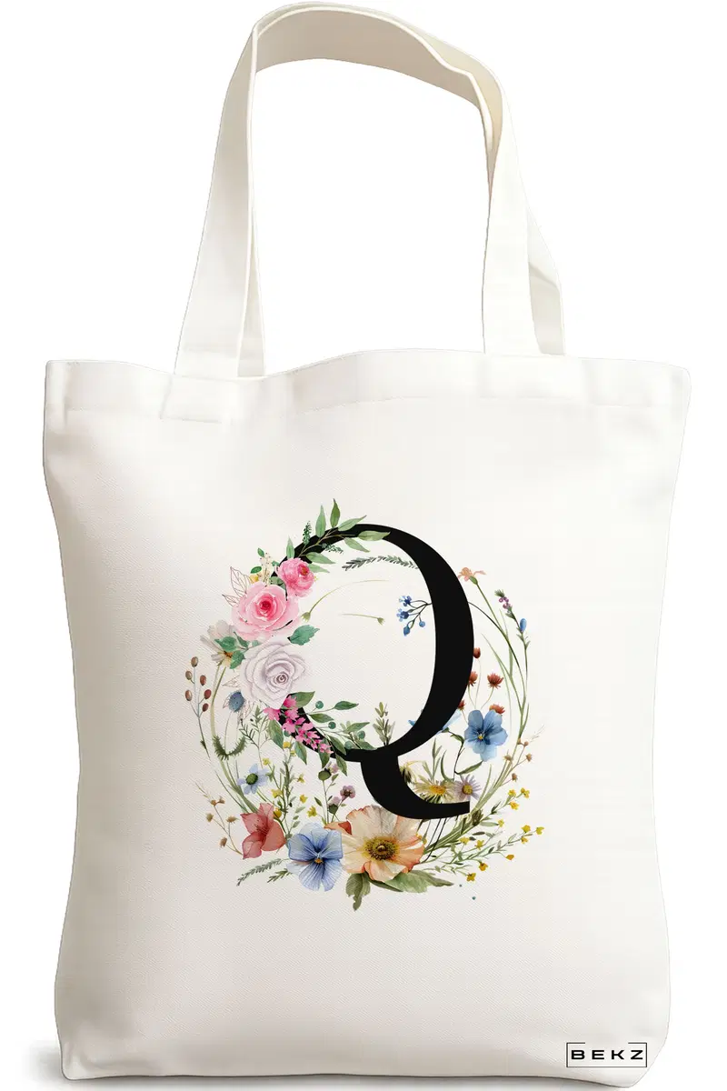 Sacosa Cumparaturi Textila, Geanta Tote, Cu litera Q in Coronita Florala, 38x34.5 cm, Alba, BEKZ®