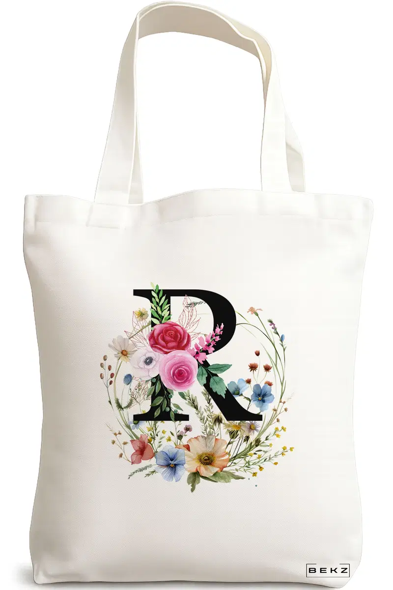 Sacosa Cumparaturi Textila, Geanta Tote, Cu litera R in Coronita Florala, 38x34.5 cm, Alba, BEKZ®