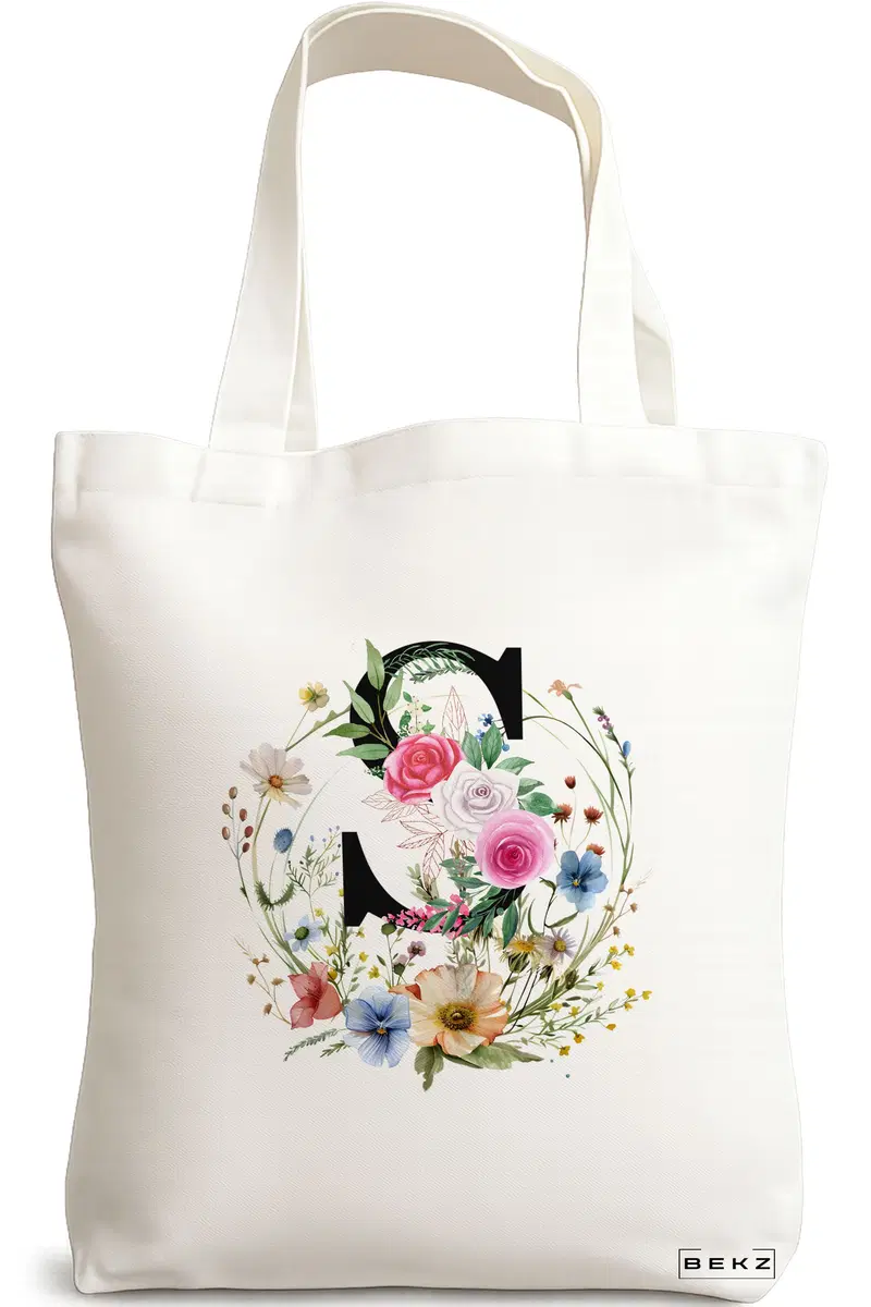 Sacosa Cumparaturi Textila, Geanta Tote, Cu litera S in Coronita Florala, 38x34.5 cm, Alba, BEKZ®