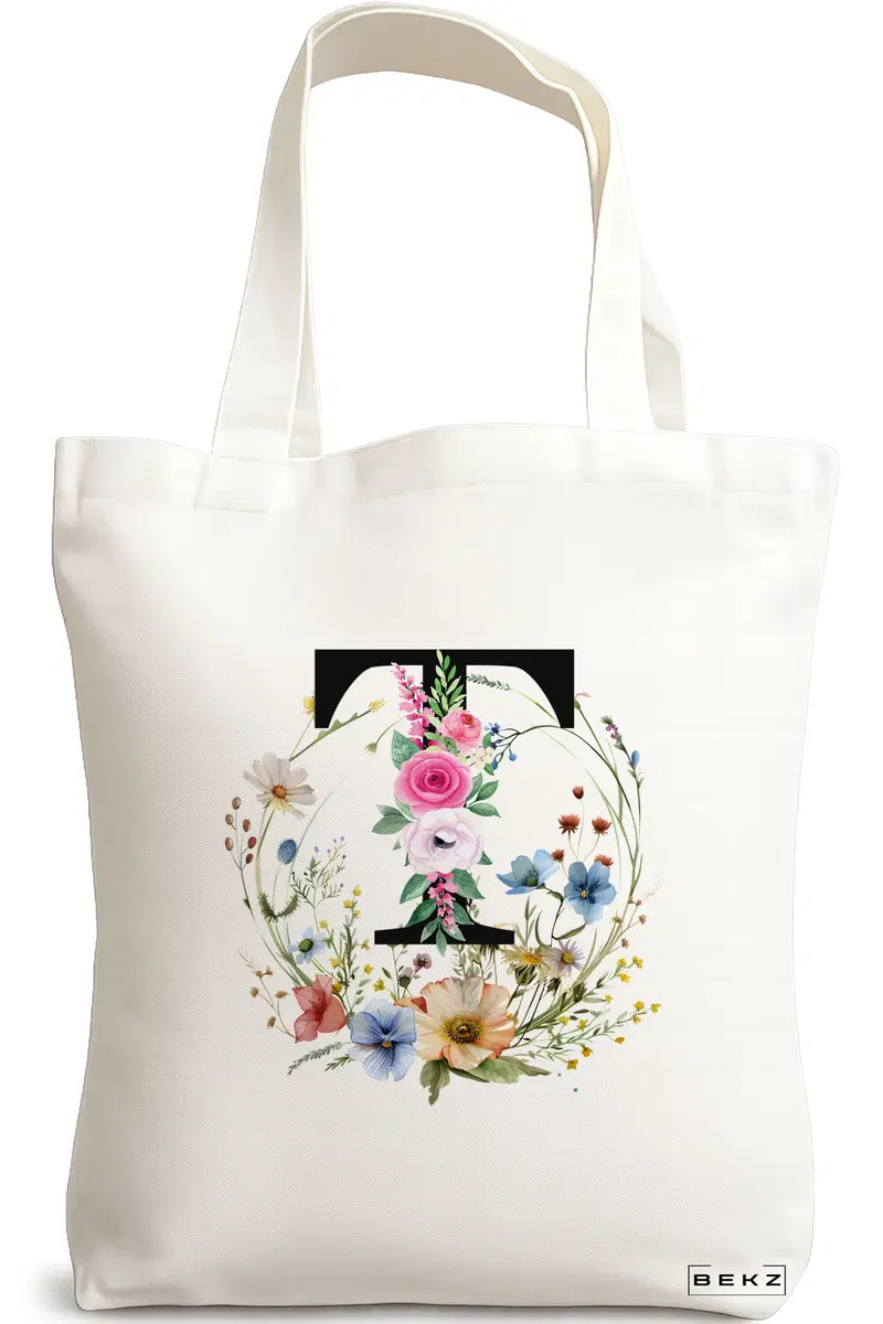 Sacosa Cumparaturi Textila, Geanta Tote, Cu litera T in Coronita Florala, 38x34.5 cm, Alba, BEKZ®