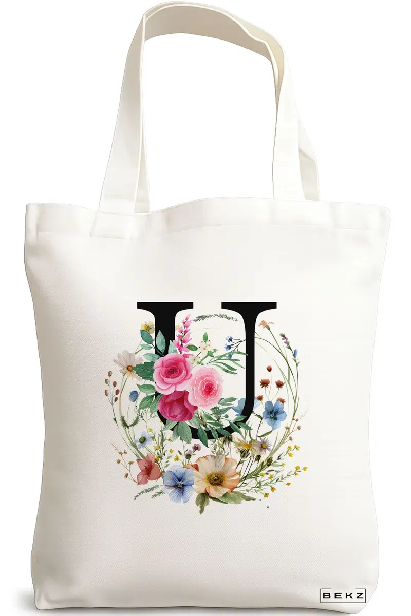 Sacosa Cumparaturi Textila, Geanta Tote, Cu litera U in Coronita Florala, 38x34.5 cm, Alba, BEKZ®