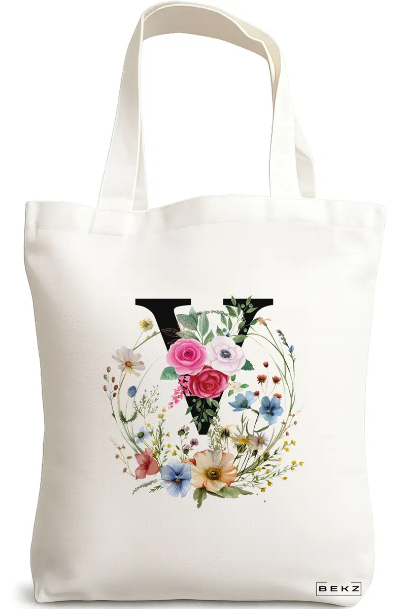 Sacosa Cumparaturi Textila, Geanta Tote, Cu litera V in Coronita Florala, 38x34.5 cm, Alba, BEKZ®