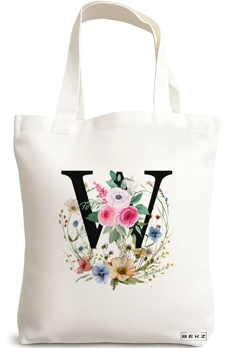 Sacosa Cumparaturi Textila, Geanta Tote, Cu litera W in Coronita Florala, 38x34.5 cm, Alba, BEKZ®