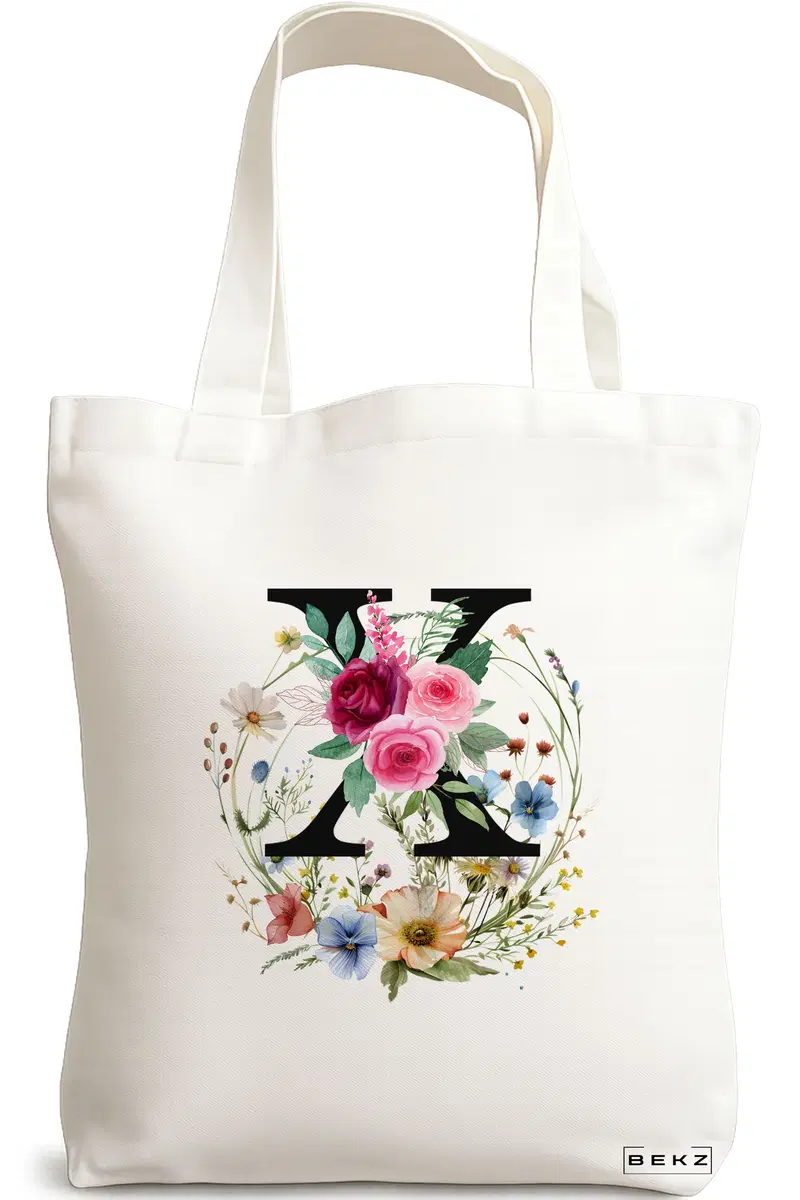 Sacosa Cumparaturi Textila, Geanta Tote, Cu litera X in Coronita Florala, 38x34.5 cm, Alba, BEKZ®