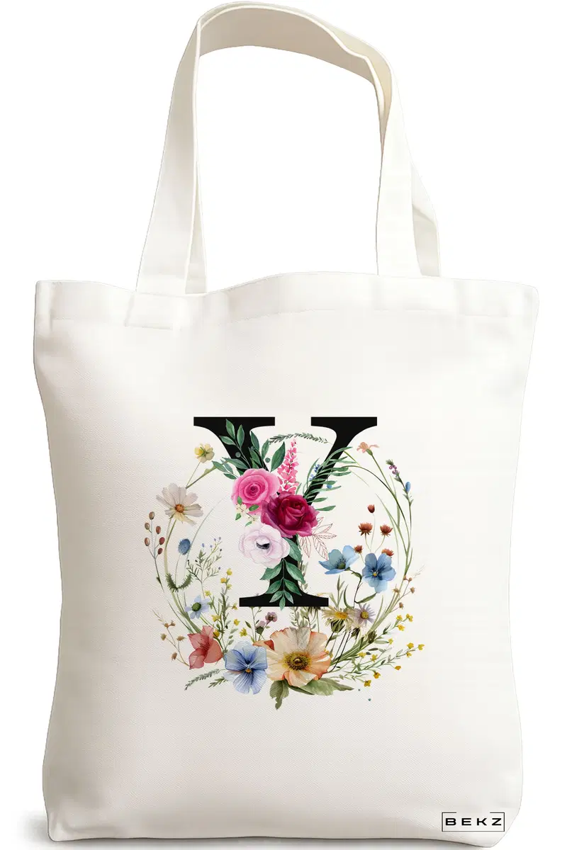 Sacosa Cumparaturi Textila, Geanta Tote, Cu litera Y in Coronita Florala, 38x34.5 cm, Alba, BEKZ®