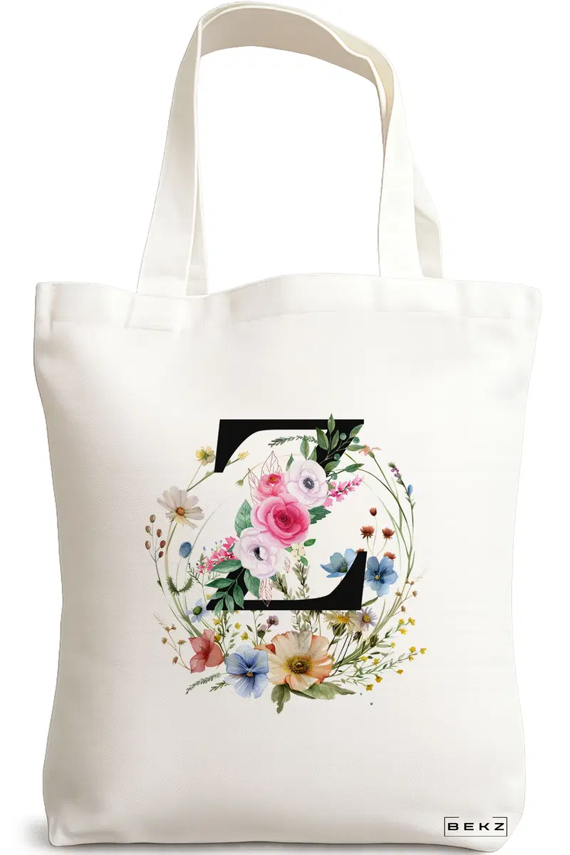 Sacosa Cumparaturi Textila, Geanta Tote, Cu litera Z in Coronita Florala, 38x34.5 cm, Alba, BEKZ®