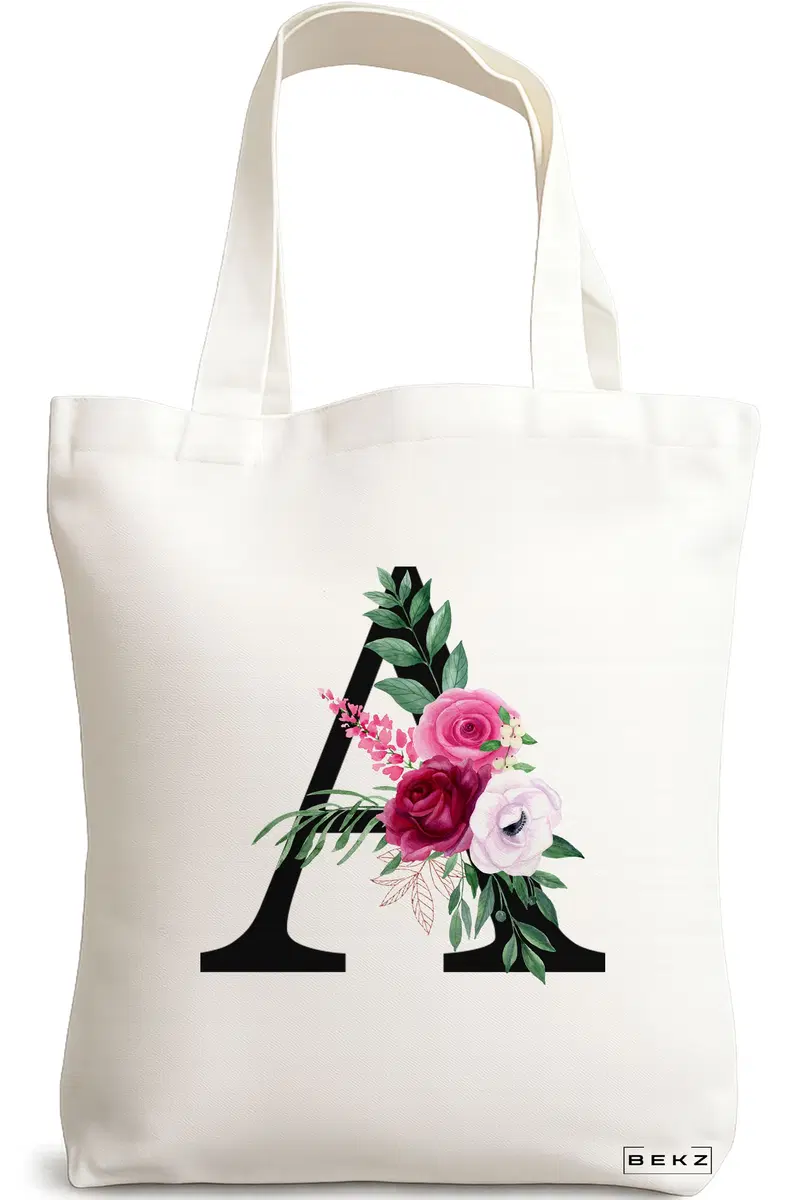 Sacosa Cumparaturi Textila, Geanta Tote, Cu litera A si Trandafiri, 38x34.5 cm, Alba, BEKZ®