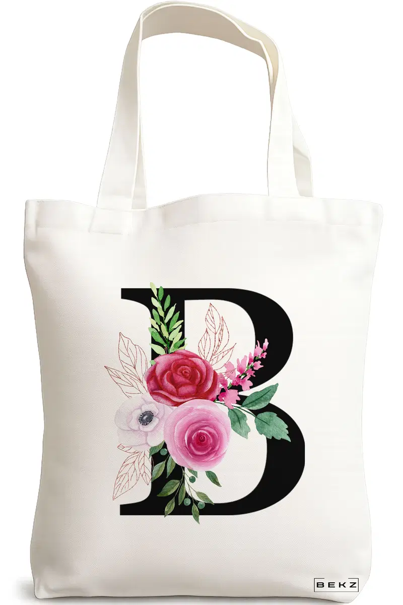 Sacosa Cumparaturi Textila, Geanta Tote, Cu litera B si Trandafiri, 38x34.5 cm, Alba, BEKZ®