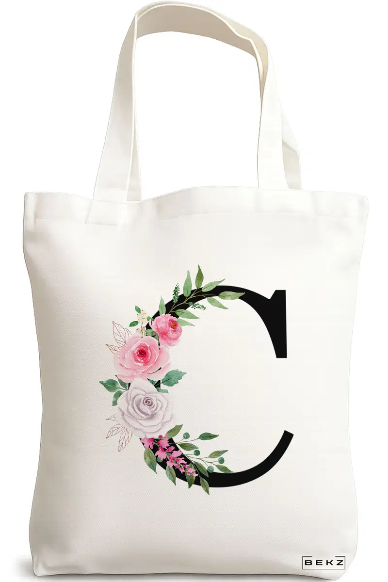 Sacosa Cumparaturi Textila, Geanta Tote, Cu litera C si Trandafiri, 38x34.5 cm, Alba, BEKZ®