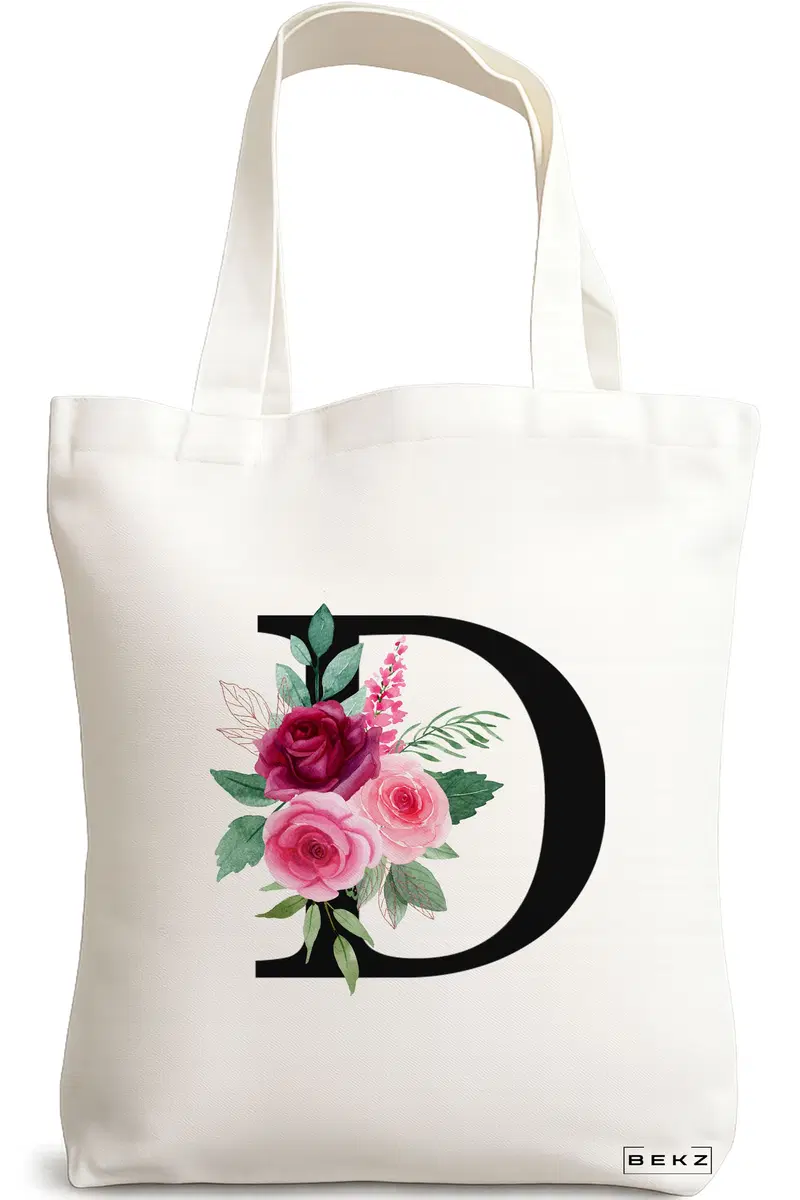 Sacosa Cumparaturi Textila, Geanta Tote, Cu litera D si Trandafiri, 38x34.5 cm, Alba, BEKZ®