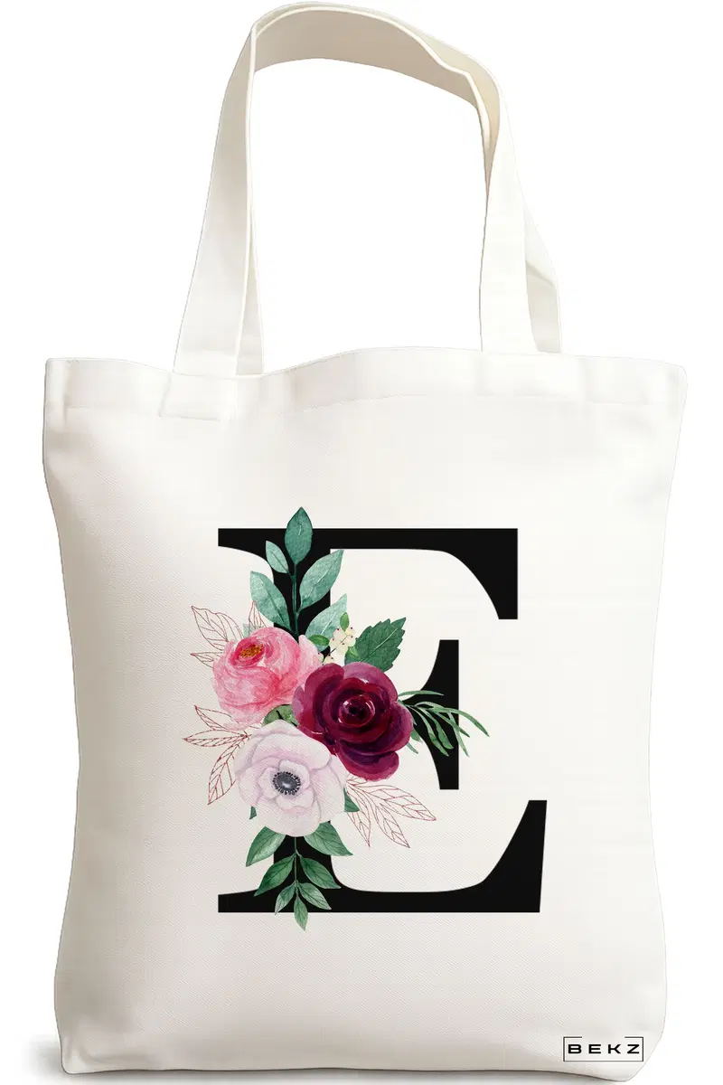 Sacosa Cumparaturi Textila, Geanta Tote, Cu litera E si Trandafiri, 38x34.5 cm, Alba, BEKZ®
