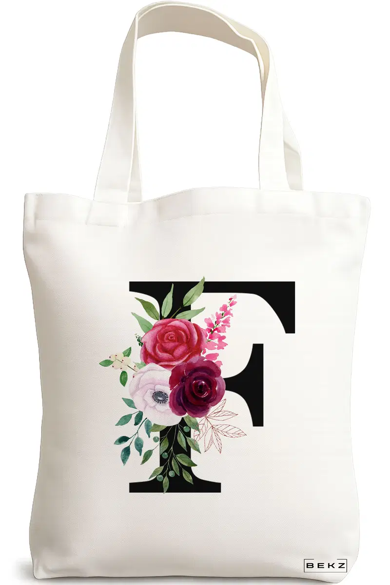 Sacosa Cumparaturi Textila, Geanta Tote, Cu litera F si Trandafiri, 38x34.5 cm, Alba, BEKZ®
