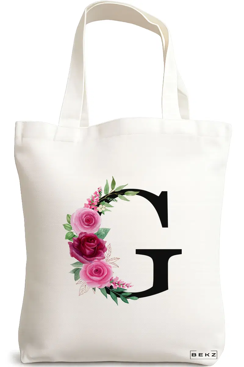 Sacosa Cumparaturi Textila, Geanta Tote, Cu litera G si Trandafiri, 38x34.5 cm, Alba, BEKZ®