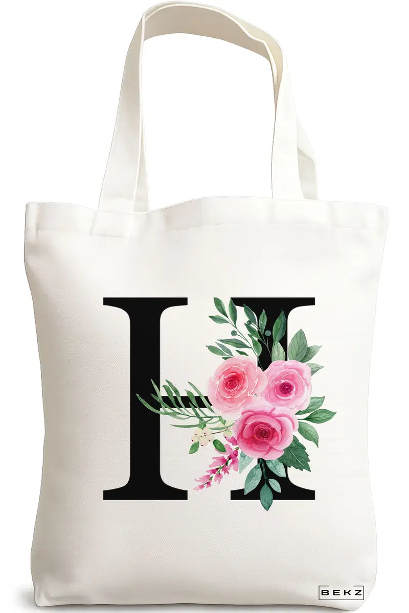 Sacosa Cumparaturi Textila, Geanta Tote, Cu litera H si Trandafiri, 38x34.5 cm, Alba, BEKZ®