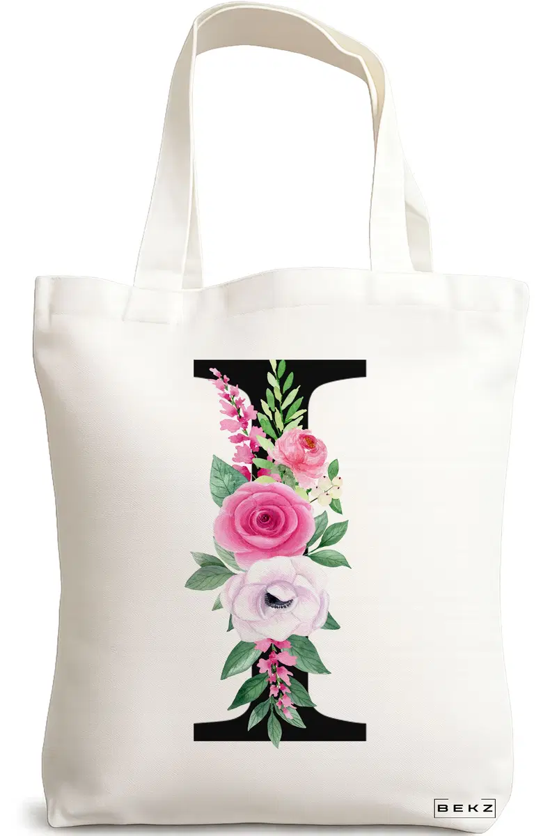 Sacosa Cumparaturi Textila, Geanta Tote, Cu litera I si Trandafiri, 38x34.5 cm, Alba, BEKZ®