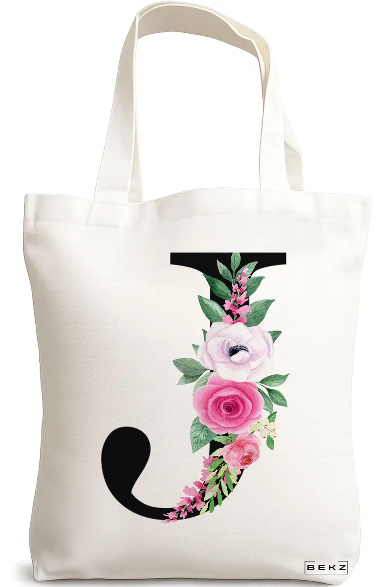Sacosa Cumparaturi Textila, Geanta Tote, Cu litera J si Trandafiri, 38x34.5 cm, Alba, BEKZ®