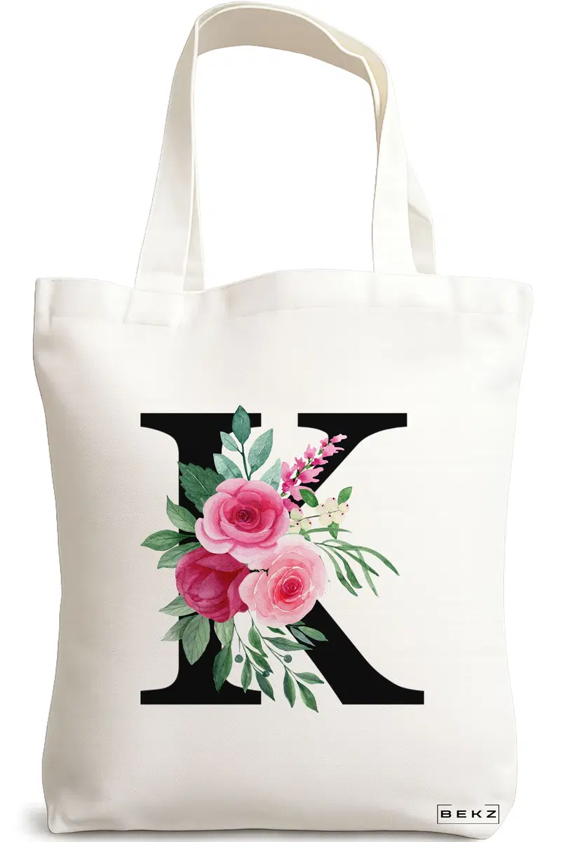 Sacosa Cumparaturi Textila, Geanta Tote, Cu litera K si Trandafiri, 38x34.5 cm, Alba, BEKZ®