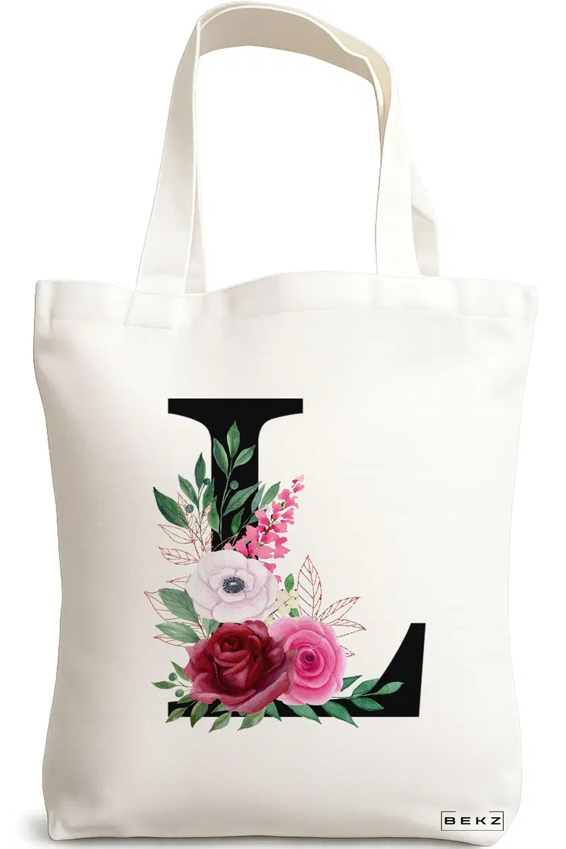 Sacosa Cumparaturi Textila, Geanta Tote, Cu litera L si Trandafiri, 38x34.5 cm, Alba, BEKZ®
