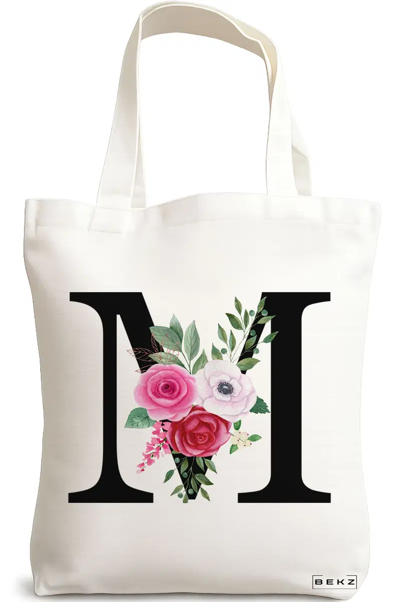 Sacosa Cumparaturi Textila, Geanta Tote, Cu litera M si Trandafiri, 38x34.5 cm, Alba, BEKZ®