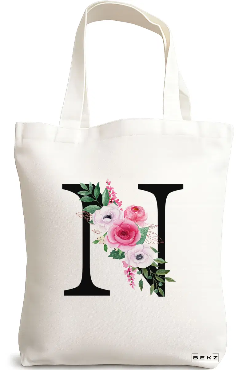 Sacosa Cumparaturi Textila, Geanta Tote, Cu litera N si Trandafiri, 38x34.5 cm, Alba, BEKZ®